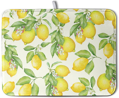 Summer Lemon Drying Mat Watercolor Fruit Yellow Lemon With Green Leaf Floral Dish Drying Mats for Kitchen Counter 18×24 Inch Microfiber Absorbent Dish Pad