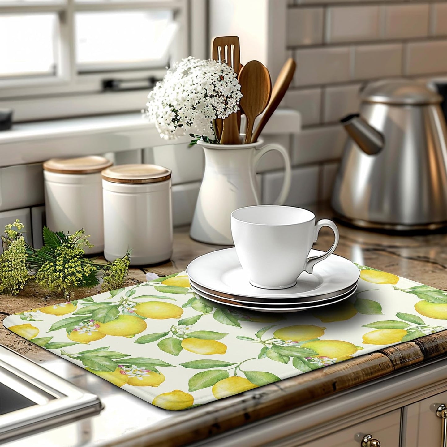 Summer Lemon Drying Mat Watercolor Fruit Yellow Lemon With Green Leaf Floral Dish Drying Mats for Kitchen Counter 18×24 Inch Microfiber Absorbent Dish Pad