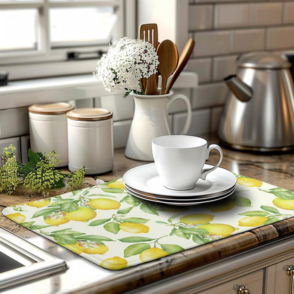 Summer Lemon Drying Mat Watercolor Fruit Yellow Lemon With Green Leaf Floral Dish Drying Mats for Kitchen Counter 18×24 Inch Microfiber Absorbent Dish Pad