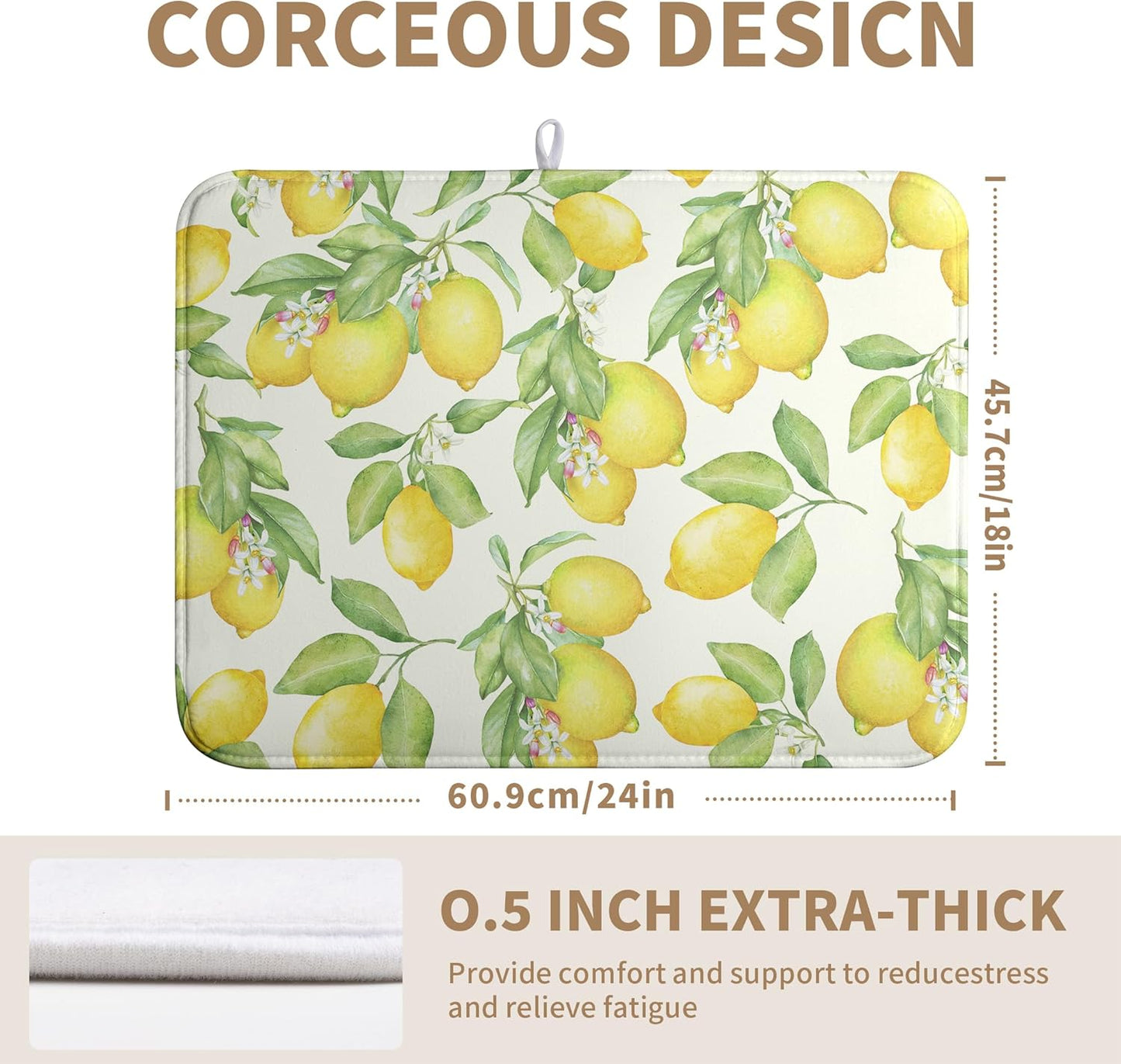 Summer Lemon Drying Mat Watercolor Fruit Yellow Lemon With Green Leaf Floral Dish Drying Mats for Kitchen Counter 18×24 Inch Microfiber Absorbent Dish Pad