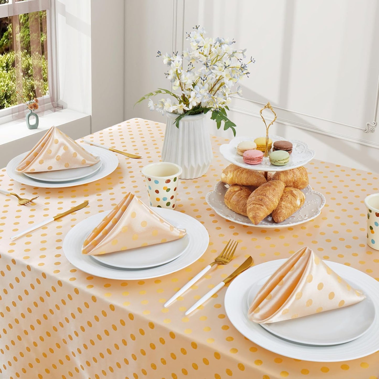 Yellow Satin Napkins Set of 4, Yellow Polka Dots Napkins Square 17 x 17 Inches for Wedding Dinner Birthday Easte Party Supplies