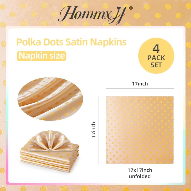 Yellow Satin Napkins Set of 4, Yellow Polka Dots Napkins Square 17 x 17 Inches for Wedding Dinner Birthday Easte Party Supplies