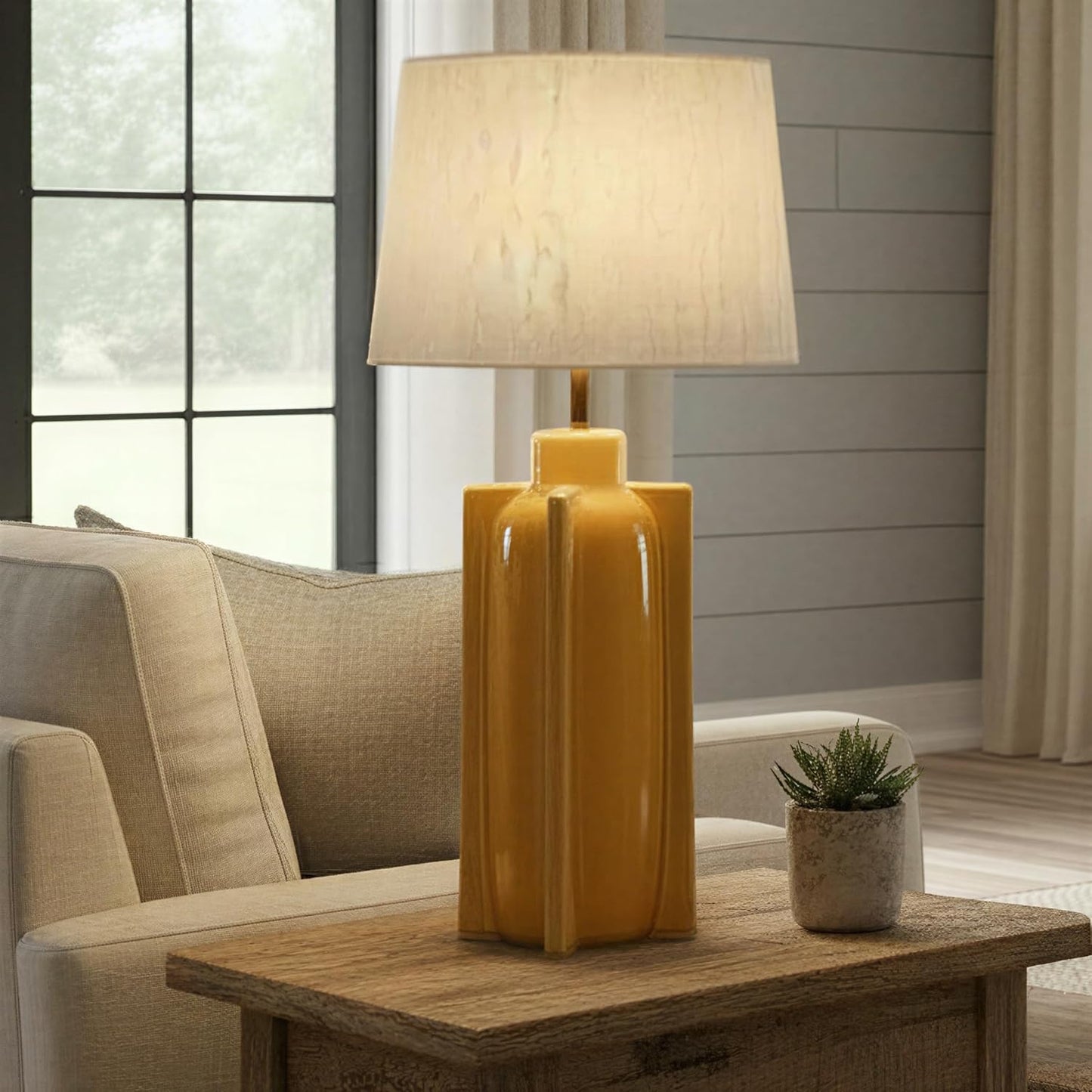 Yellow Ceramic Table Lamp with Crossed Base and Linen Shade
