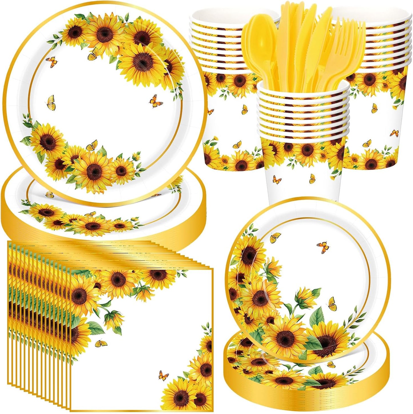 400 Pcs Sunflower Party Supplies for 50 Guests Disposable Plates Napkins Cups Spoons Forks Knives for Birthday Wedding Bridal Shower Baby Shower Decorations(Yellow, Sunflower)