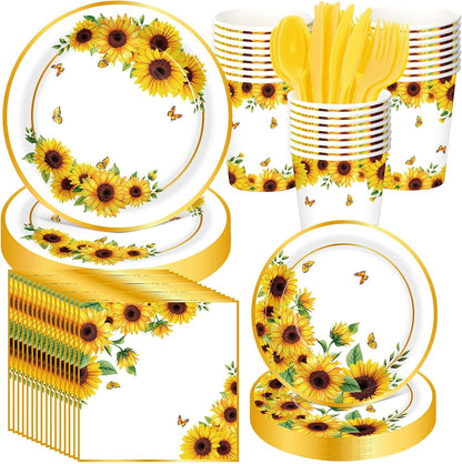400 Pcs Sunflower Party Supplies for 50 Guests Disposable Plates Napkins Cups Spoons Forks Knives for Birthday Wedding Bridal Shower Baby Shower Decorations(Yellow, Sunflower)