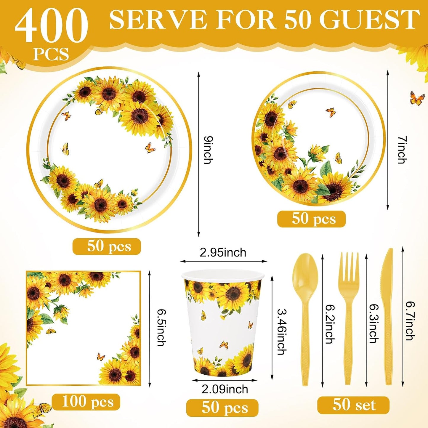 400 Pcs Sunflower Party Supplies for 50 Guests Disposable Plates Napkins Cups Spoons Forks Knives for Birthday Wedding Bridal Shower Baby Shower Decorations(Yellow, Sunflower)