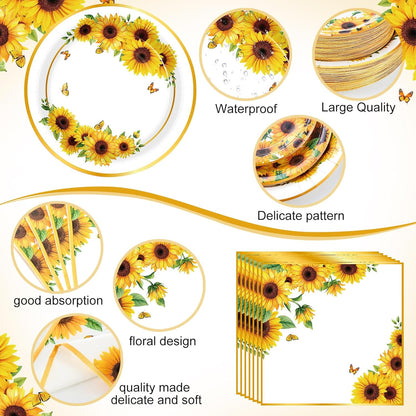400 Pcs Sunflower Party Supplies for 50 Guests Disposable Plates Napkins Cups Spoons Forks Knives for Birthday Wedding Bridal Shower Baby Shower Decorations(Yellow, Sunflower)