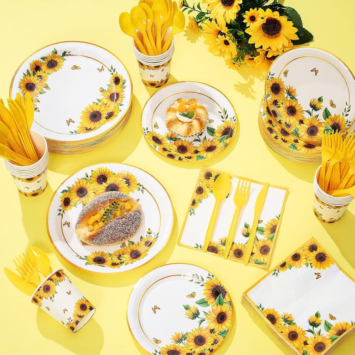 400 Pcs Sunflower Party Supplies for 50 Guests Disposable Plates Napkins Cups Spoons Forks Knives for Birthday Wedding Bridal Shower Baby Shower Decorations(Yellow, Sunflower)