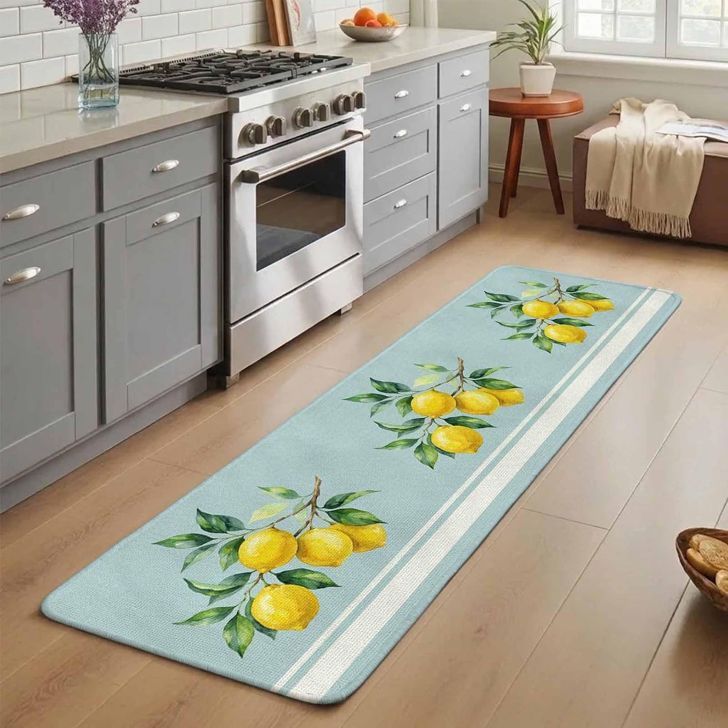 Washable Kitchen Runner Rug, Watercolor Yellow Lemon Leaves Absorbent Non-Slip Runner Rug for Bedroom Hallway Entryway Stair, Summer Fruit on Light Blue Doormat Area Rugs 16x47in