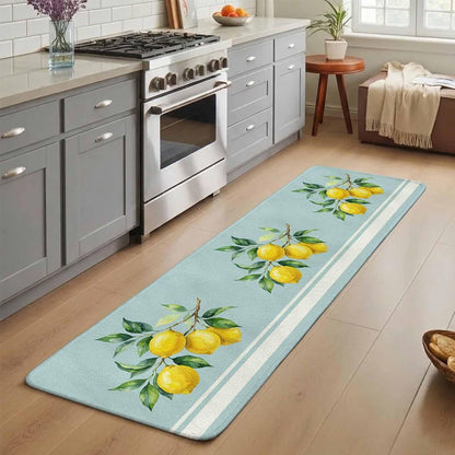 Washable Kitchen Runner Rug, Watercolor Yellow Lemon Leaves Absorbent Non-Slip Runner Rug for Bedroom Hallway Entryway Stair, Summer Fruit on Light Blue Doormat Area Rugs 16x47in