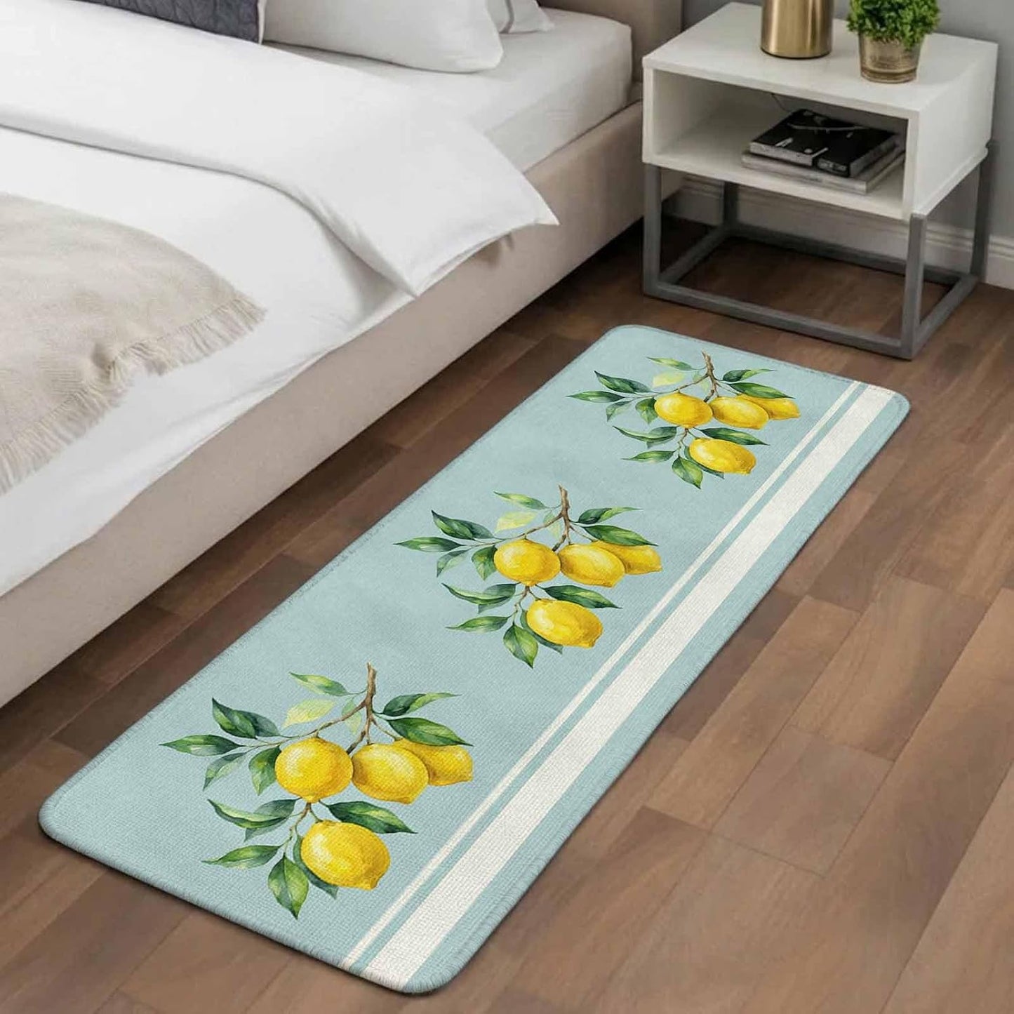 Washable Kitchen Runner Rug, Watercolor Yellow Lemon Leaves Absorbent Non-Slip Runner Rug for Bedroom Hallway Entryway Stair, Summer Fruit on Light Blue Doormat Area Rugs 16x47in