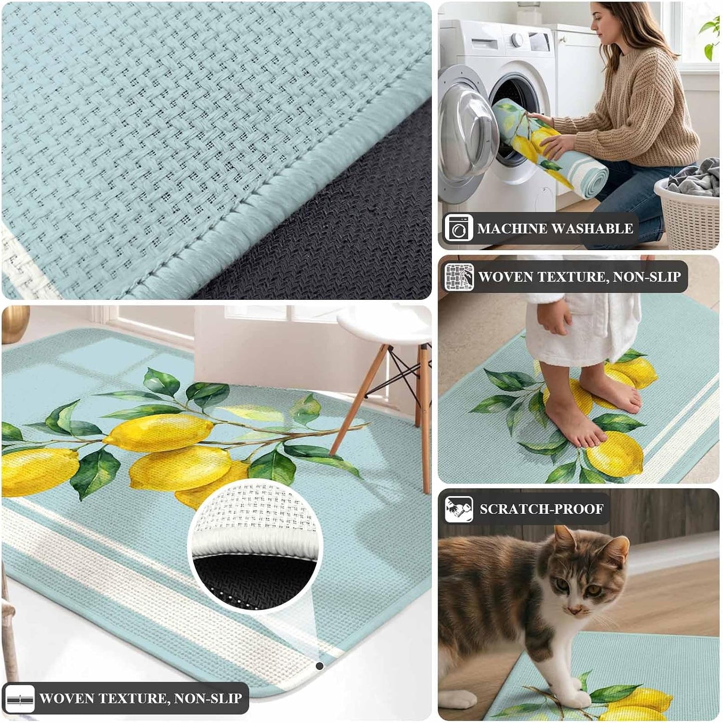 Washable Kitchen Runner Rug, Watercolor Yellow Lemon Leaves Absorbent Non-Slip Runner Rug for Bedroom Hallway Entryway Stair, Summer Fruit on Light Blue Doormat Area Rugs 16x47in