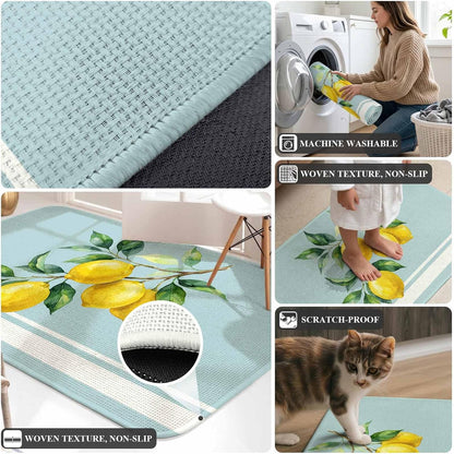 Washable Kitchen Runner Rug, Watercolor Yellow Lemon Leaves Absorbent Non-Slip Runner Rug for Bedroom Hallway Entryway Stair, Summer Fruit on Light Blue Doormat Area Rugs 16x47in