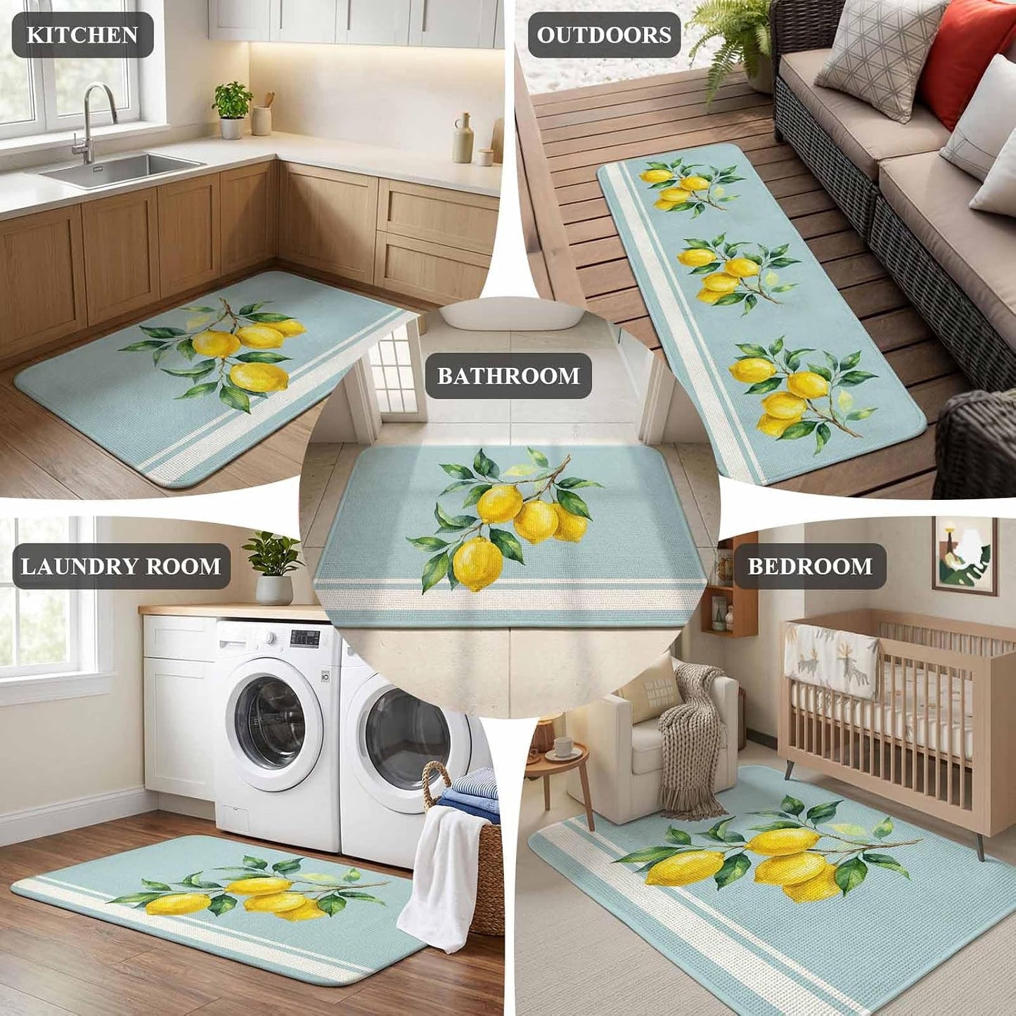 Washable Kitchen Runner Rug, Watercolor Yellow Lemon Leaves Absorbent Non-Slip Runner Rug for Bedroom Hallway Entryway Stair, Summer Fruit on Light Blue Doormat Area Rugs 16x47in