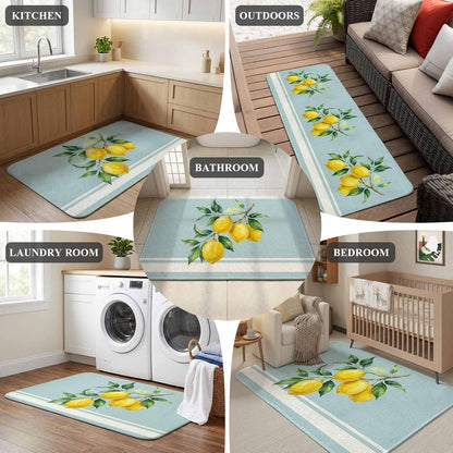Washable Kitchen Runner Rug, Watercolor Yellow Lemon Leaves Absorbent Non-Slip Runner Rug for Bedroom Hallway Entryway Stair, Summer Fruit on Light Blue Doormat Area Rugs 16x47in