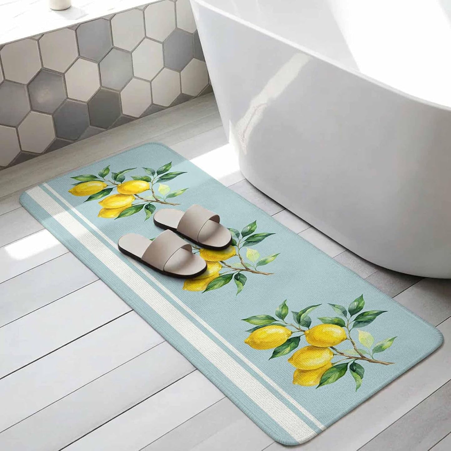 Washable Kitchen Runner Rug, Watercolor Yellow Lemon Leaves Absorbent Non-Slip Runner Rug for Bedroom Hallway Entryway Stair, Summer Fruit on Light Blue Doormat Area Rugs 16x47in