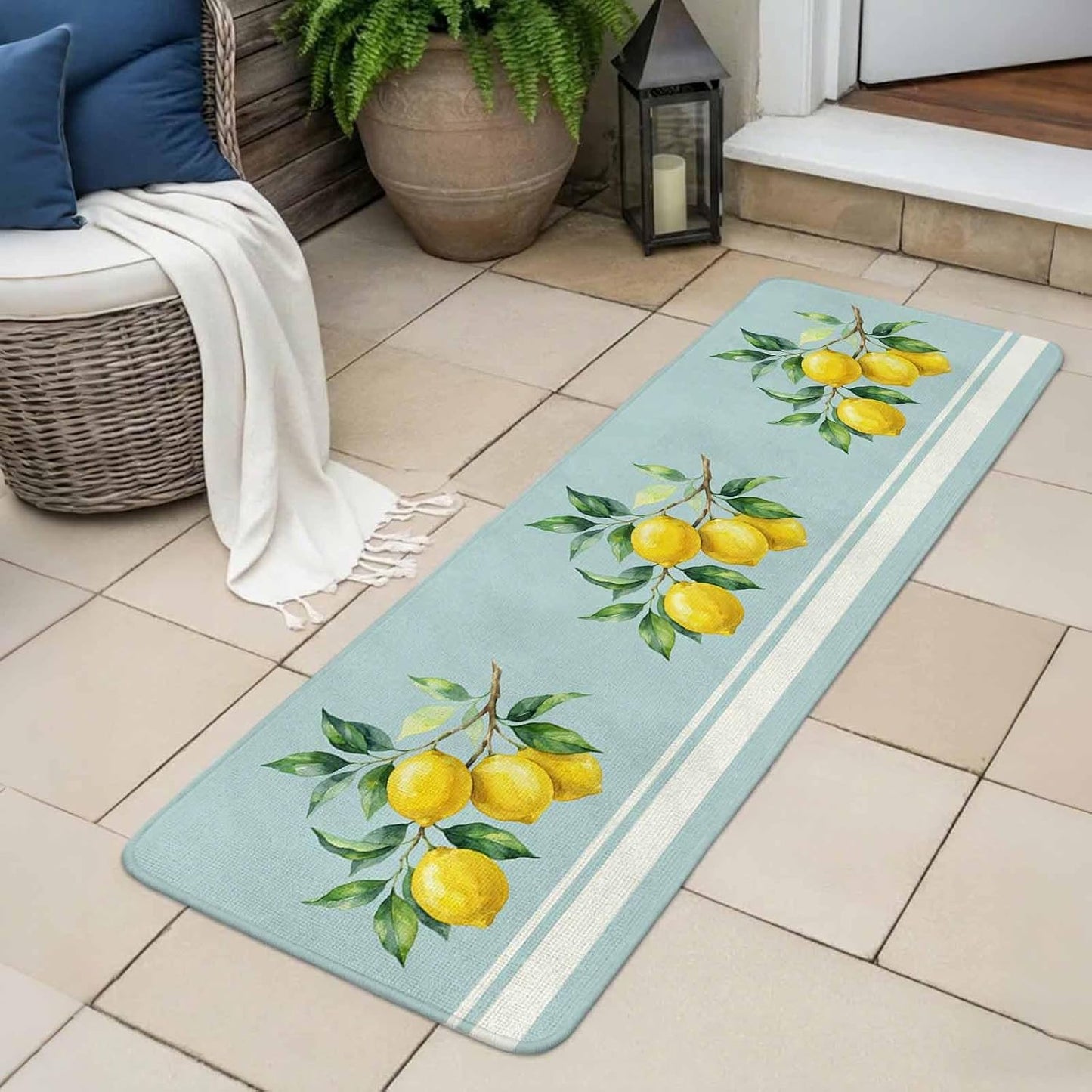 Washable Kitchen Runner Rug, Watercolor Yellow Lemon Leaves Absorbent Non-Slip Runner Rug for Bedroom Hallway Entryway Stair, Summer Fruit on Light Blue Doormat Area Rugs 16x47in