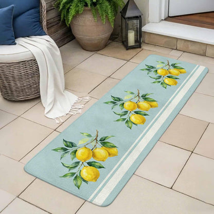 Washable Kitchen Runner Rug, Watercolor Yellow Lemon Leaves Absorbent Non-Slip Runner Rug for Bedroom Hallway Entryway Stair, Summer Fruit on Light Blue Doormat Area Rugs 16x47in