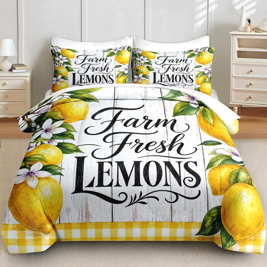 Comforter Set Twin Size Lemon Farmhouse Yellow 5 Pcs Bedding for Kids and Adults, Floral Checkered Bed Sheet Sets with Fitted Sheet Pillowcase & Sham for Bedroom Bed Decor