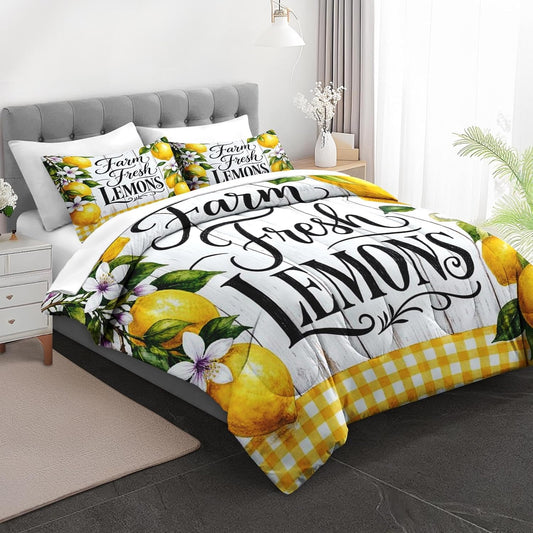 Comforter Set Twin Size Lemon Farmhouse Yellow 5 Pcs Bedding for Kids and Adults, Floral Checkered Bed Sheet Sets with Fitted Sheet Pillowcase & Sham for Bedroom Bed Decor