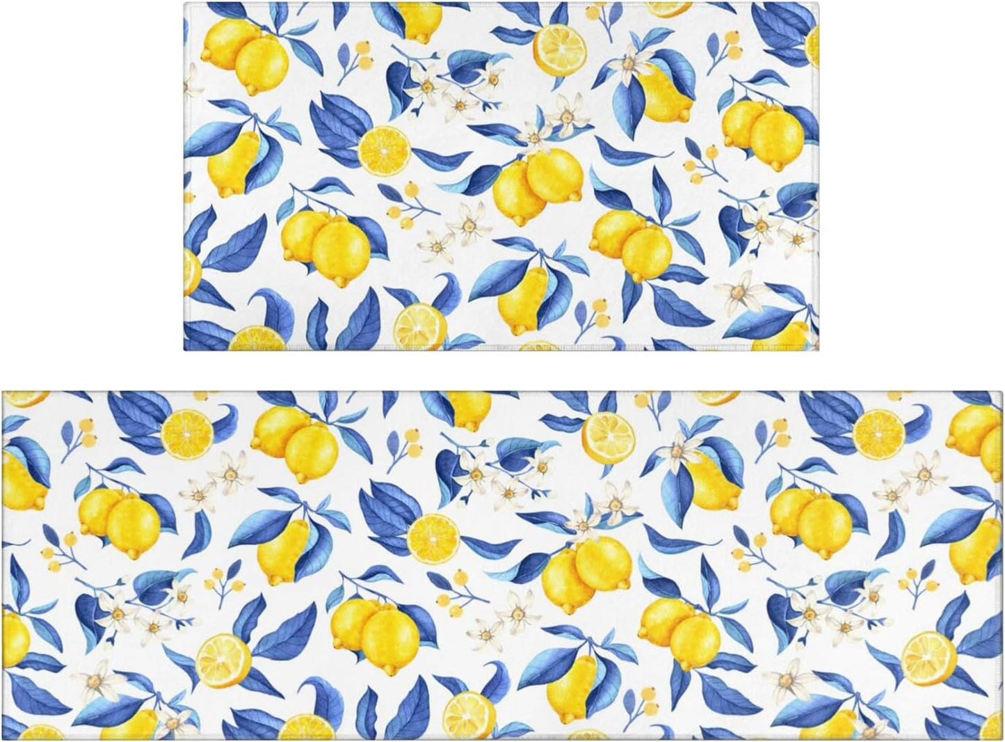 Lemon Kitchen Rugs Set of 2 Non-Skid Washable for Floor Mats17"x30"+17"x47" | anti-slip backing, soft crystal velvet, fade-free lemon print, machine washable, indoor farmhouse decor, fits under doors
