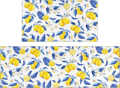 Lemon Kitchen Rugs Set of 2 Non-Skid Washable for Floor Mats17"x30"+17"x47" | anti-slip backing, soft crystal velvet, fade-free lemon print, machine washable, indoor farmhouse decor, fits under doors