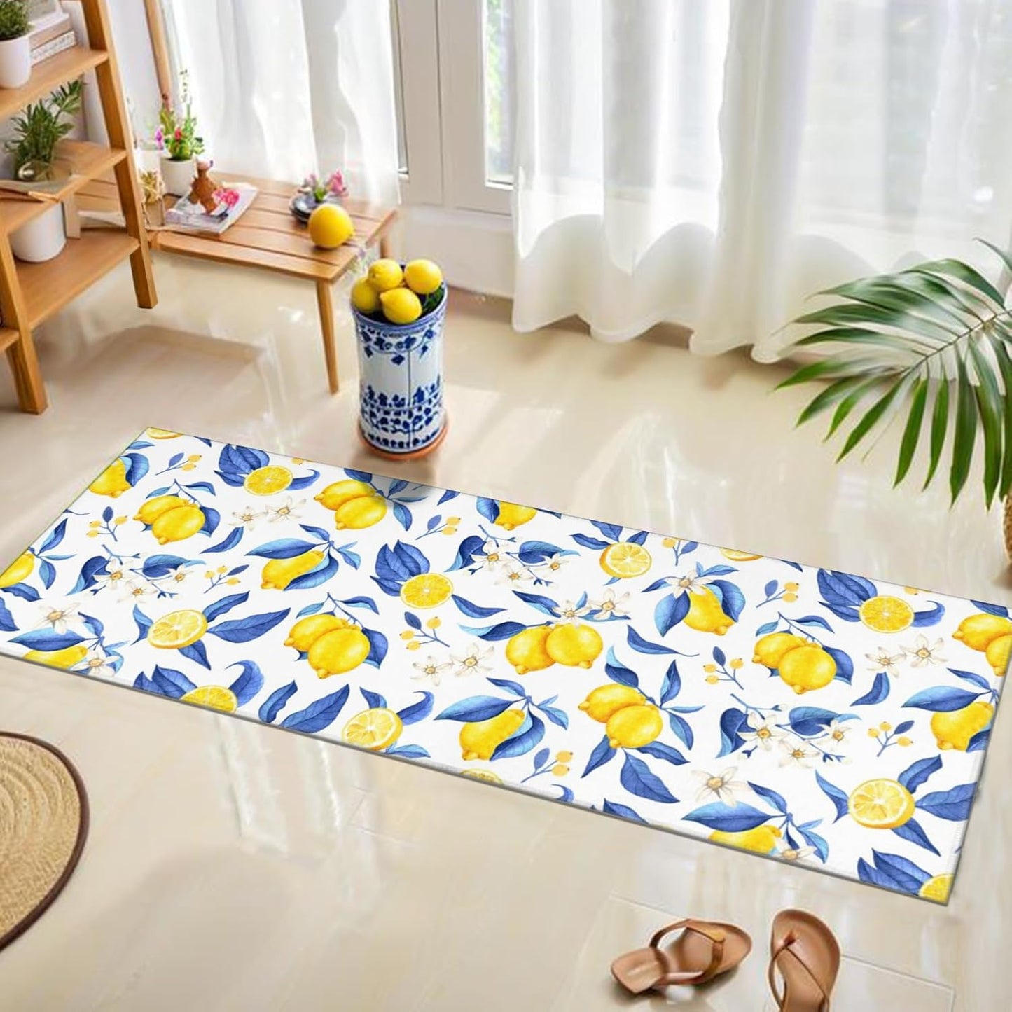 Lemon Kitchen Rugs Set of 2 Non-Skid Washable for Floor Mats17"x30"+17"x47" | anti-slip backing, soft crystal velvet, fade-free lemon print, machine washable, indoor farmhouse decor, fits under doors
