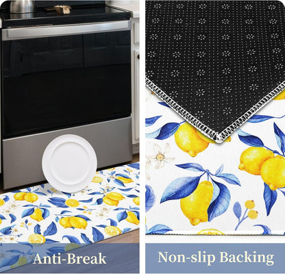 Lemon Kitchen Rugs Set of 2 Non-Skid Washable for Floor Mats17"x30"+17"x47" | anti-slip backing, soft crystal velvet, fade-free lemon print, machine washable, indoor farmhouse decor, fits under doors