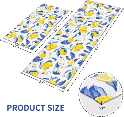 Lemon Kitchen Rugs Set of 2 Non-Skid Washable for Floor Mats17"x30"+17"x47" | anti-slip backing, soft crystal velvet, fade-free lemon print, machine washable, indoor farmhouse decor, fits under doors