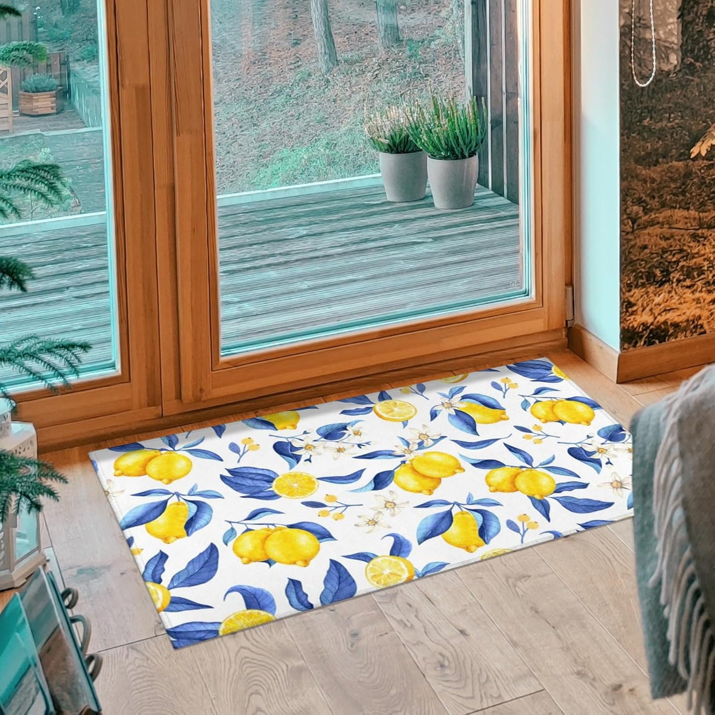 Lemon Kitchen Rugs Set of 2 Non-Skid Washable for Floor Mats17"x30"+17"x47" | anti-slip backing, soft crystal velvet, fade-free lemon print, machine washable, indoor farmhouse decor, fits under doors