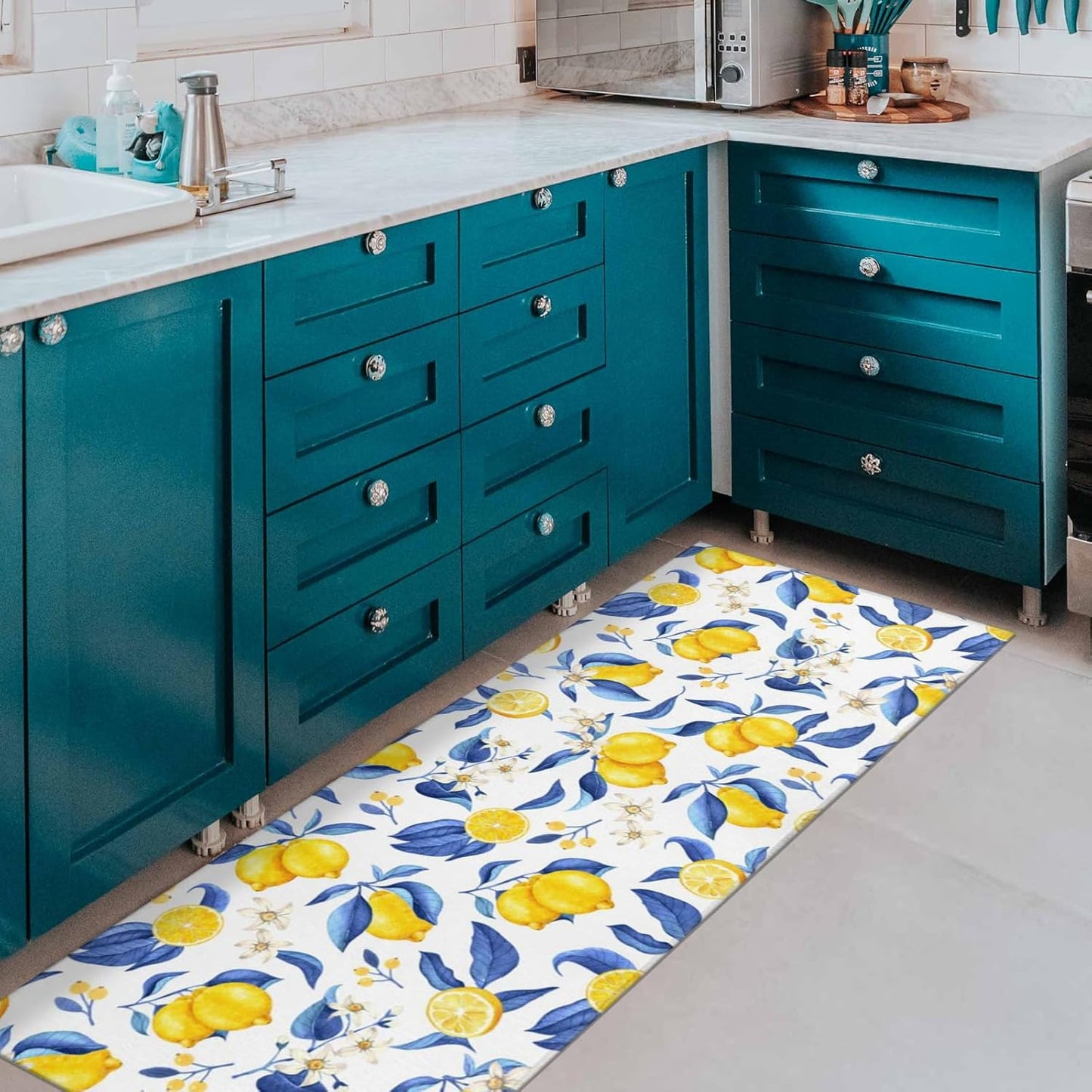 Lemon Kitchen Rugs Set of 2 Non-Skid Washable for Floor Mats17"x30"+17"x47" | anti-slip backing, soft crystal velvet, fade-free lemon print, machine washable, indoor farmhouse decor, fits under doors