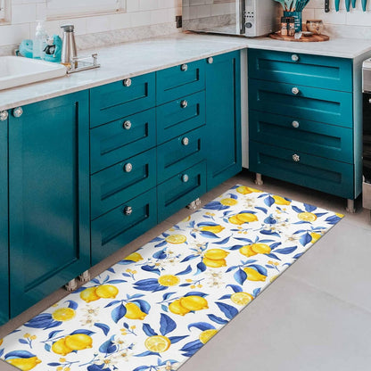 Lemon Kitchen Rugs Set of 2 Non-Skid Washable for Floor Mats17"x30"+17"x47" | anti-slip backing, soft crystal velvet, fade-free lemon print, machine washable, indoor farmhouse decor, fits under doors