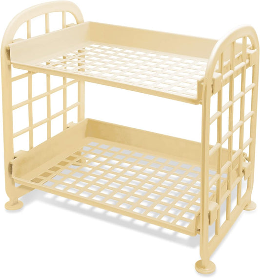 2-Layers Table Shelf Organizer, Adjustable Plastic Storage Rack Shelf Square Basket Desk Stand Table Storage Organizer Shelves (Yellow)