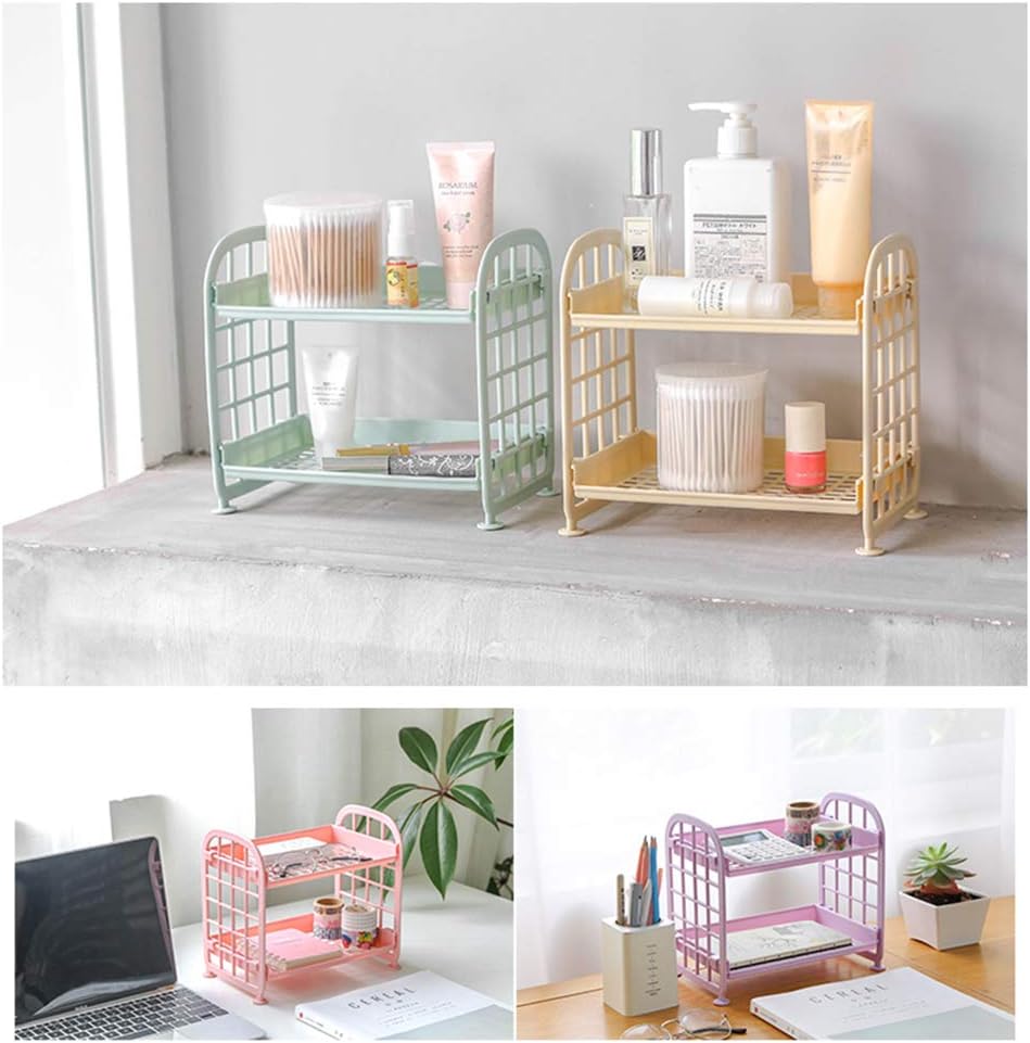 2-Layers Table Shelf Organizer, Adjustable Plastic Storage Rack Shelf Square Basket Desk Stand Table Storage Organizer Shelves (Yellow)