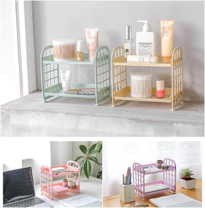 2-Layers Table Shelf Organizer, Adjustable Plastic Storage Rack Shelf Square Basket Desk Stand Table Storage Organizer Shelves (Yellow)
