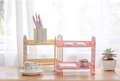 2-Layers Table Shelf Organizer, Adjustable Plastic Storage Rack Shelf Square Basket Desk Stand Table Storage Organizer Shelves (Yellow)
