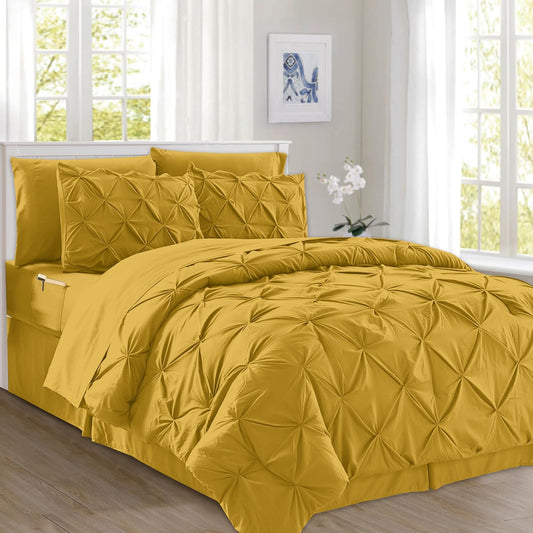8-Piece Pinch Pleated Comforter Set - All Season Complete Bed in a Bag, Includes 4pc Smart Sheet Set, Bed Skirt, Comforter, Matching Pillowcases and Shams, Twin/Twin XL, Mustard Yellow