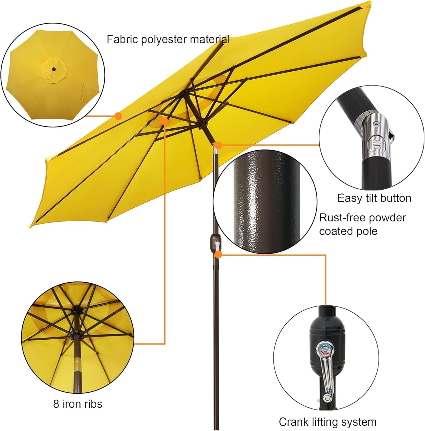 9' Outdoor Patio Umbrella, Outdoor Table Umbrella, Yard Umbrella, Market Umbrella with 8 Sturdy Ribs, Push Button Tilt and Crank