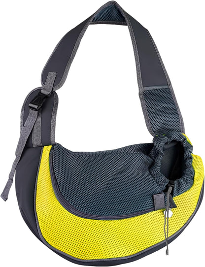 Yellow Mesh Pet Sling Carrier, Handsfree Crossbody Pouch for Cats, Small Dogs, Breathable Outdoor Travel Bag with Safety Buckle, Drawstring Closure, Polyester, 13 x 9.1 in