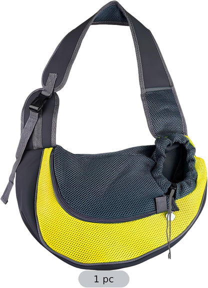 Yellow Mesh Pet Sling Carrier, Handsfree Crossbody Pouch for Cats, Small Dogs, Breathable Outdoor Travel Bag with Safety Buckle, Drawstring Closure, Polyester, 13 x 9.1 in
