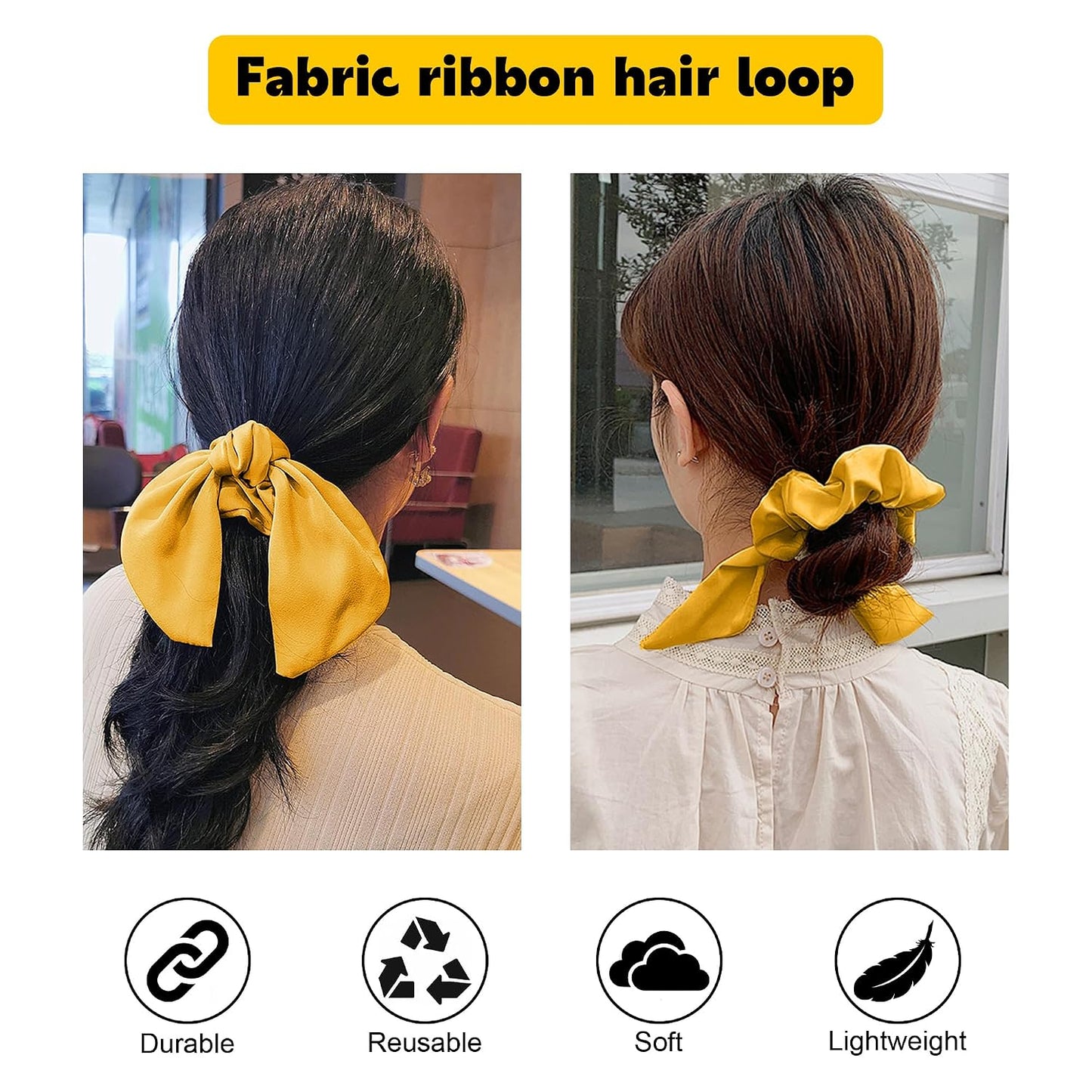 2Pcs Silk Hair Ties, Hair Bows for Women, Butterfly Bow Scrunchies - Ideal for Parties & Everyday Use - Yellow