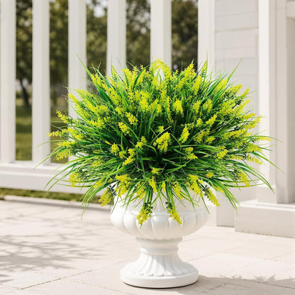 24 Bundles Artificial Grass Fake Plants, Outdoor Fake Monkey Grass Greenery UV Resistant Faux Plastic Shrubs Arrangement for Patio Garden Porch Home Window Hanging Planter Decor - Yellow