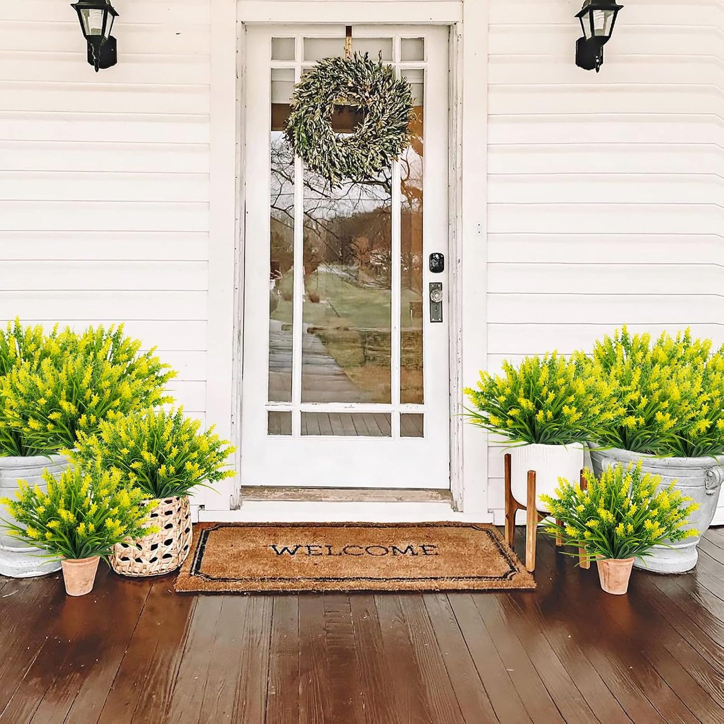 24 Bundles Artificial Grass Fake Plants, Outdoor Fake Monkey Grass Greenery UV Resistant Faux Plastic Shrubs Arrangement for Patio Garden Porch Home Window Hanging Planter Decor - Yellow