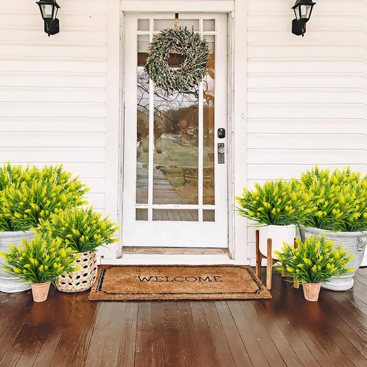24 Bundles Artificial Grass Fake Plants, Outdoor Fake Monkey Grass Greenery UV Resistant Faux Plastic Shrubs Arrangement for Patio Garden Porch Home Window Hanging Planter Decor - Yellow