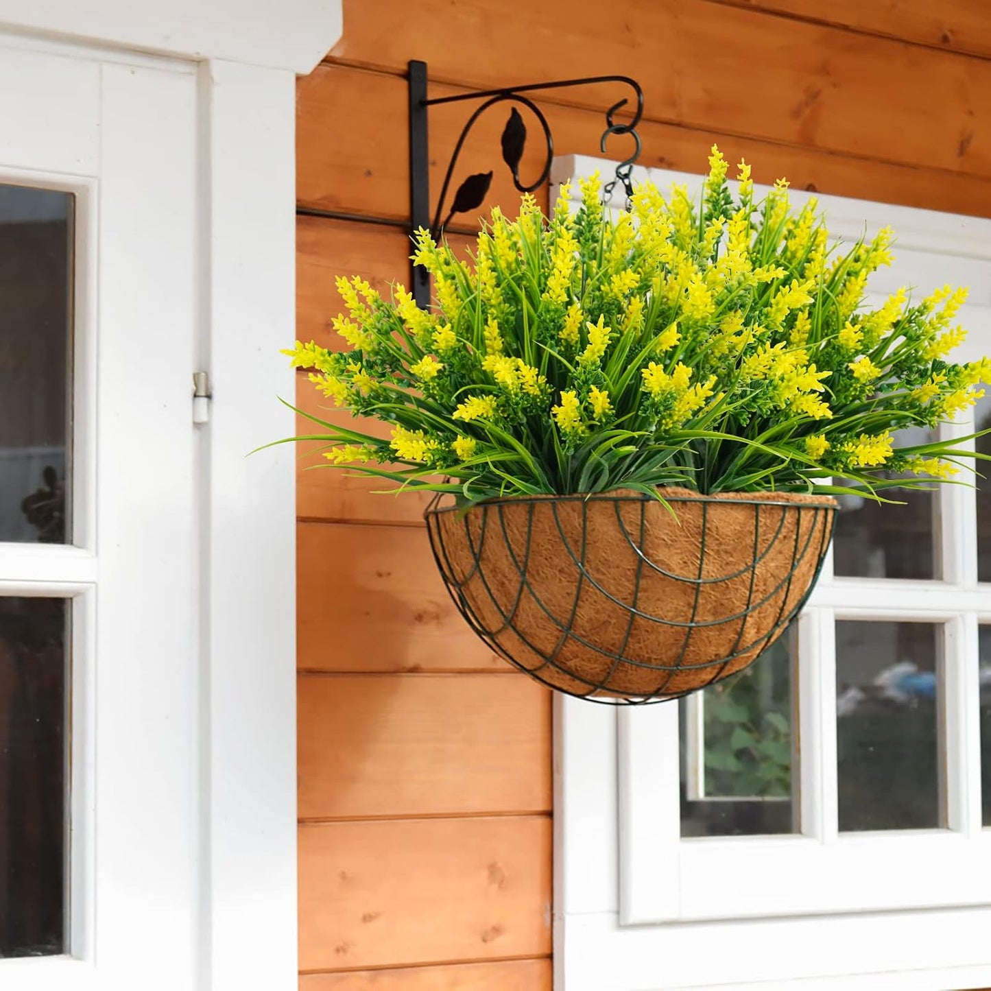 24 Bundles Artificial Grass Fake Plants, Outdoor Fake Monkey Grass Greenery UV Resistant Faux Plastic Shrubs Arrangement for Patio Garden Porch Home Window Hanging Planter Decor - Yellow