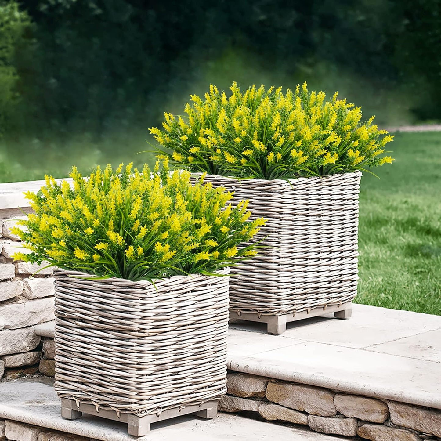 24 Bundles Artificial Grass Fake Plants, Outdoor Fake Monkey Grass Greenery UV Resistant Faux Plastic Shrubs Arrangement for Patio Garden Porch Home Window Hanging Planter Decor - Yellow