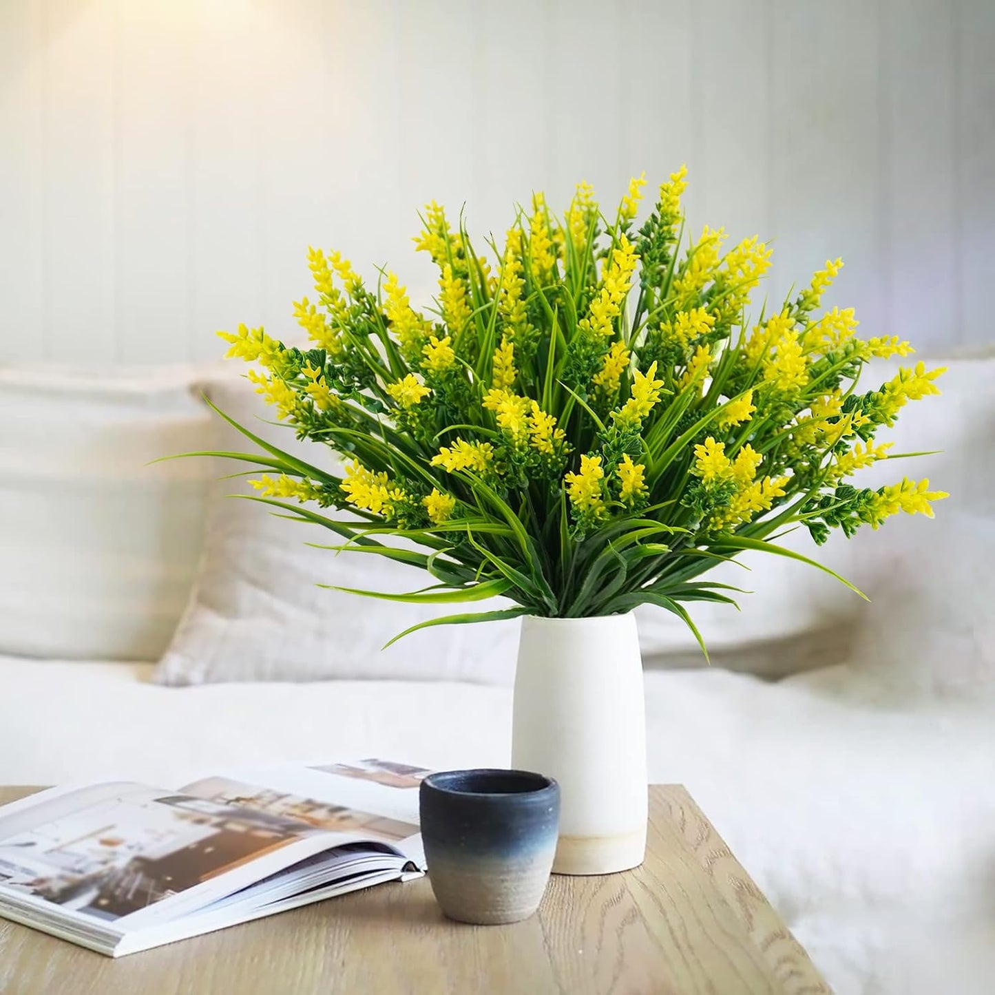 24 Bundles Artificial Grass Fake Plants, Outdoor Fake Monkey Grass Greenery UV Resistant Faux Plastic Shrubs Arrangement for Patio Garden Porch Home Window Hanging Planter Decor - Yellow