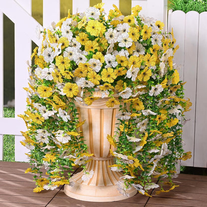 4 Pcs Look Real Artificial Flowers for Outdoors Fake Flowers | Realistic Artificial Hanging Flower UV Resistant Silk Faux Hanging Plants Flower for Porch Patio Garden (White+Yellow)