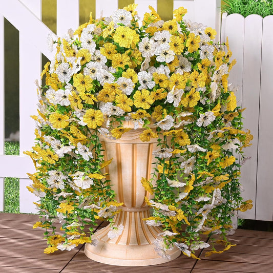 4 Pcs Look Real Artificial Flowers for Outdoors Fake Flowers | Realistic Artificial Hanging Flower UV Resistant Silk Faux Hanging Plants Flower for Porch Patio Garden (White+Yellow)