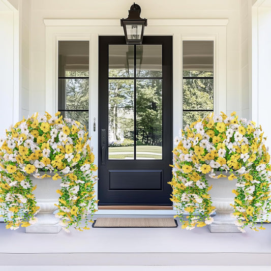 4 Pcs Look Real Artificial Flowers for Outdoors Fake Flowers | Realistic Artificial Hanging Flower UV Resistant Silk Faux Hanging Plants Flower for Porch Patio Garden (White+Yellow)